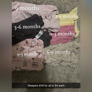 6 assorted sized baby girl sleepers